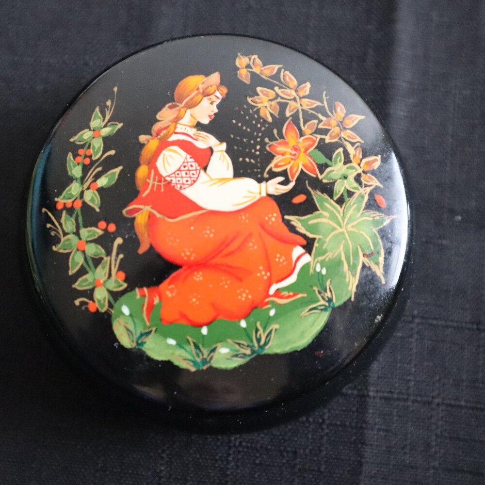Ukranian Princess Jewelry Box Black Red Handpainted Trinket Metal Tin Flower